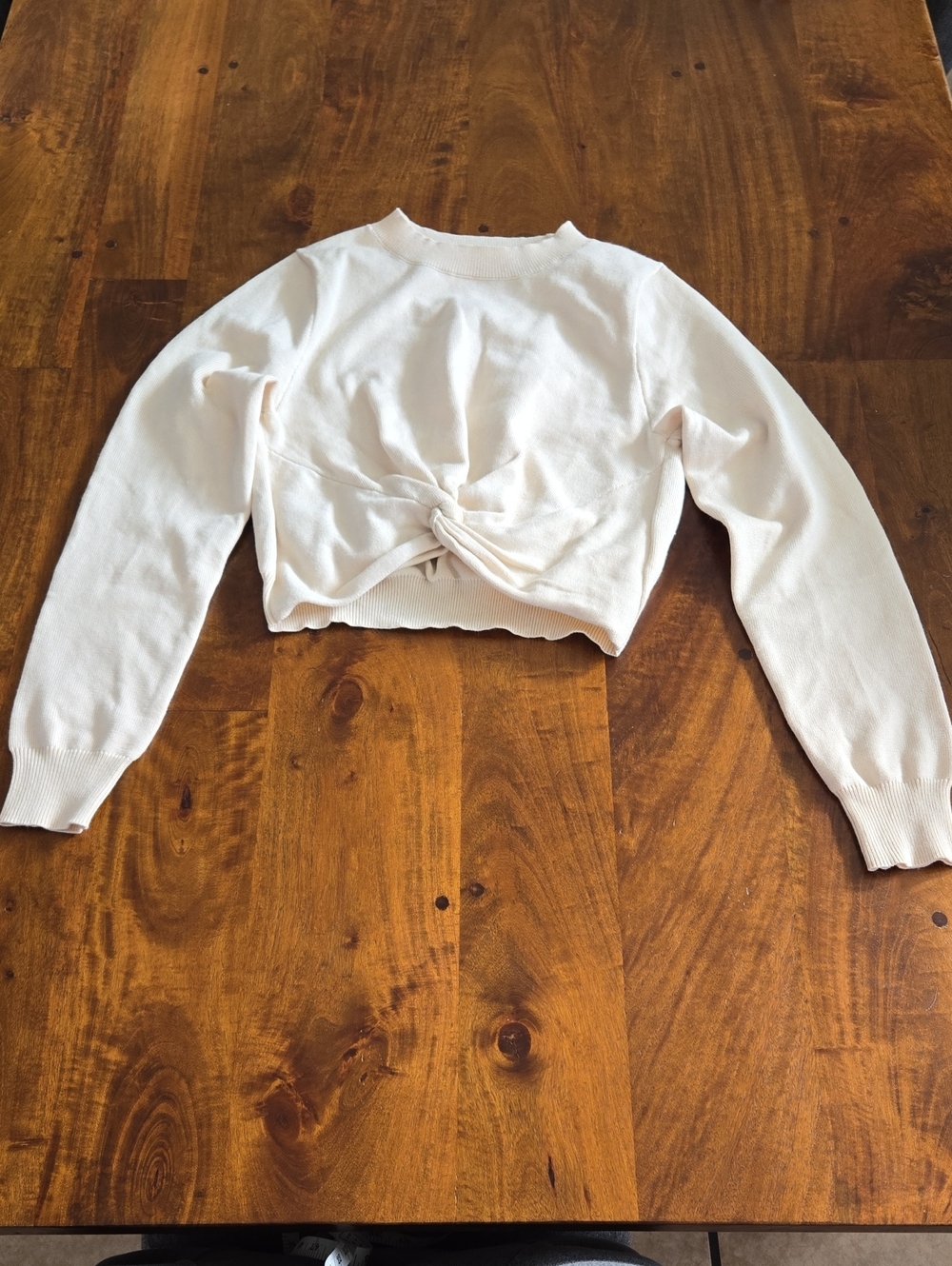 Cream Light Tan Twist-Front Cropped Crewneck Sweater Size Medium